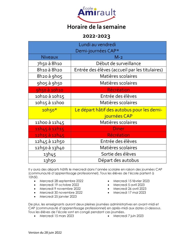 Horaire Amirault 2022 2023